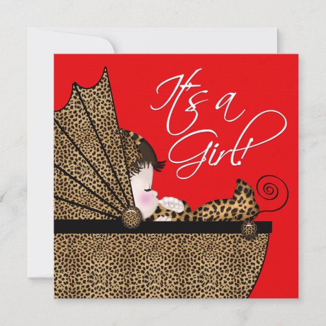 Invitation Baby Shower Fille Léopard Rouge (Devant)