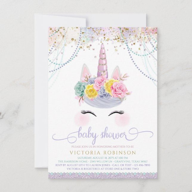 Invitation Baby Shower Fille Licorne Lavande (Devant)
