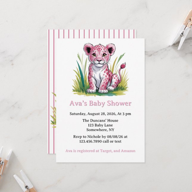 Invitation Baby shower fille Lion rose (Devant/Arrière en situation)