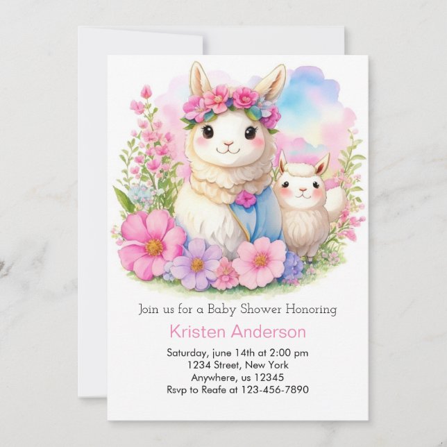 Invitation Baby shower fille Llama Whimsical (Devant)
