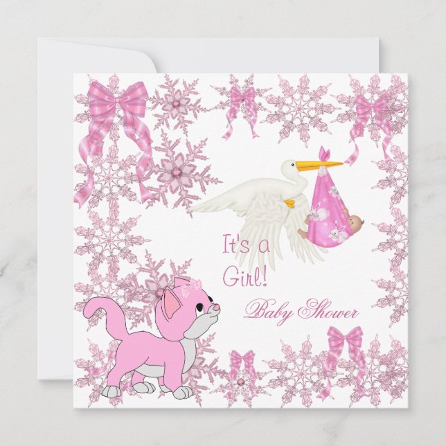 Invitation Baby Shower Fille Mignon Chat Stork (Devant)