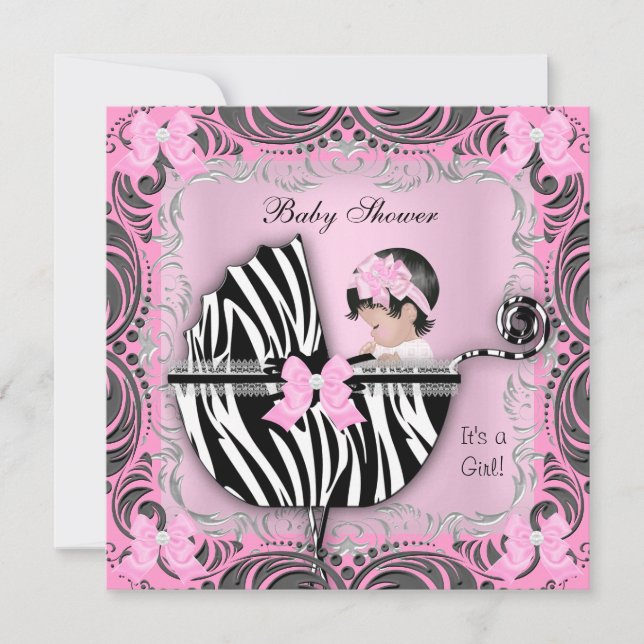 Invitation Baby Shower Fille Mignonne Rayure Grise Rose (Devant)