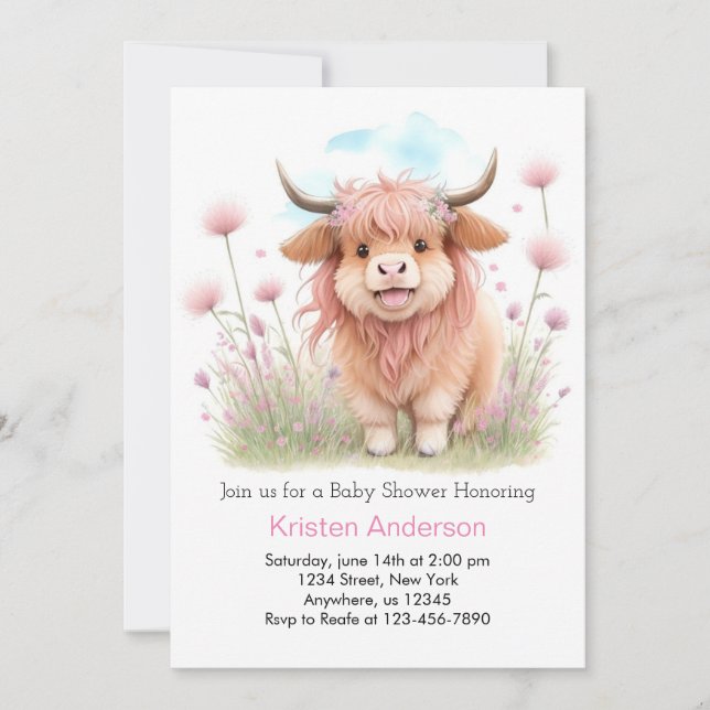 Invitation Baby Shower Fille Mignonne Vache des Highlands (Devant)