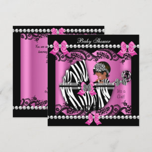 Invitation Baby Shower Fille Mignonne Zèbre Rose Afro-América