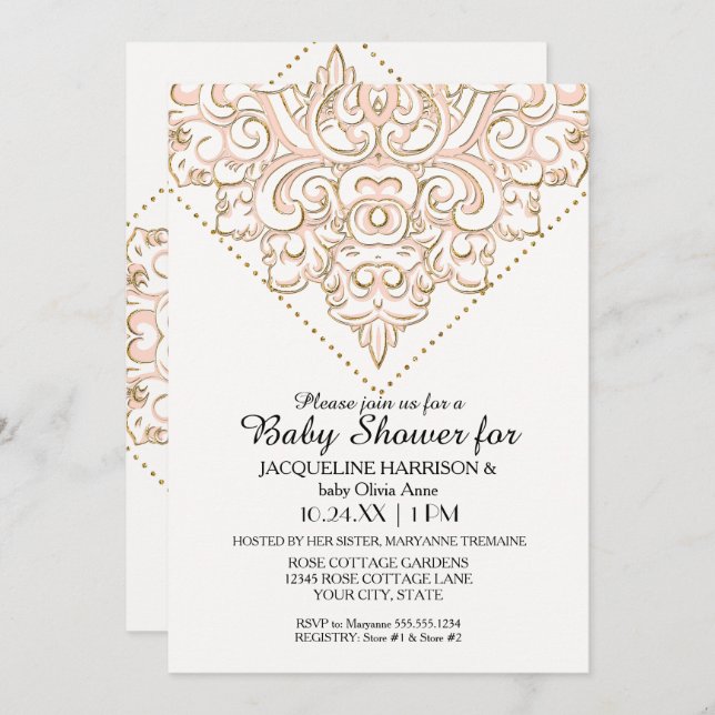 Invitation Baby Shower Fille Motif Damassé Dentelle Rose Gold (Devant / Derrière)