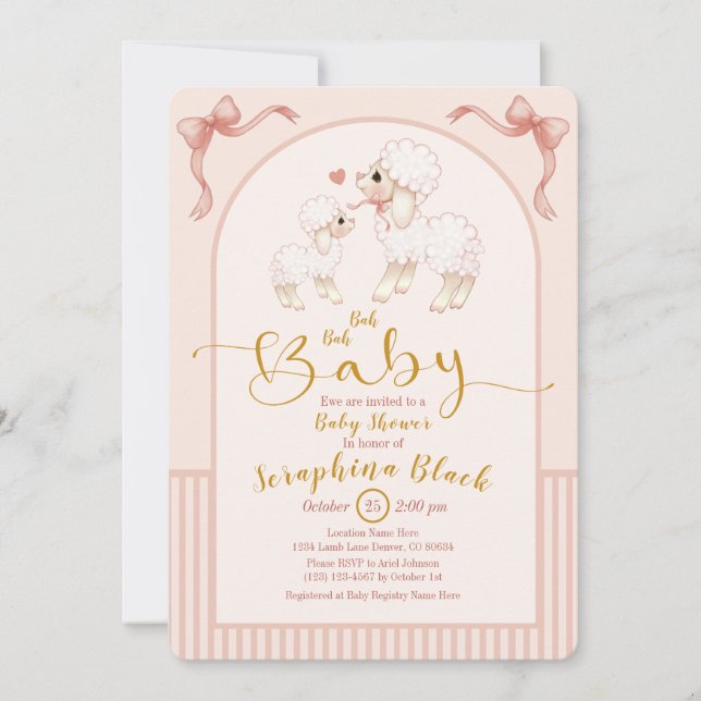 Invitation Baby shower Fille Mouton Rose Et Agneau (Devant)
