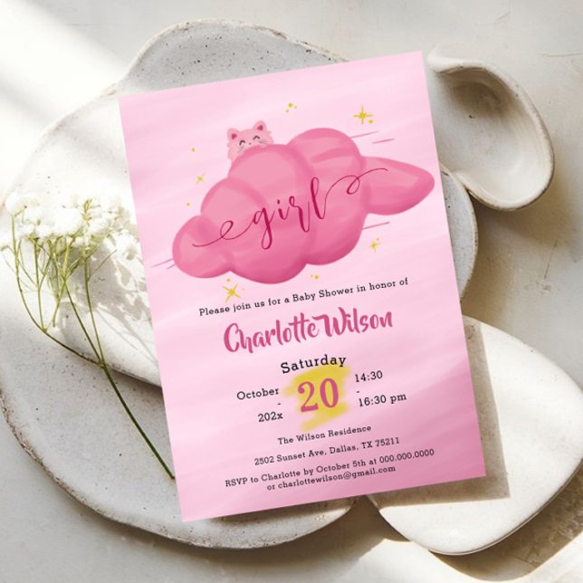 Invitation Baby Shower Fille Nuage Aquarelle Mignon (Créateur téléchargé)