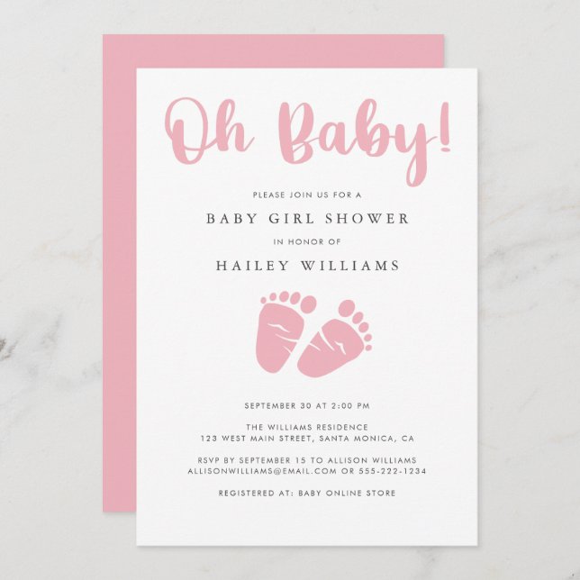 Invitation Baby shower fille | Oh bébé rose pieds bébé (Devant / Derrière)
