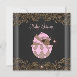 Invitation Baby Shower Fille Or Noir Rose Dentelle