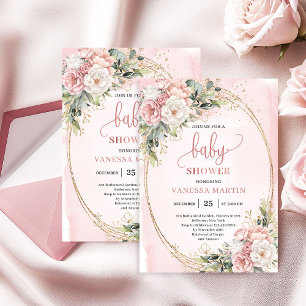 Invitation Baby Shower Fille Or Rose Bohème 