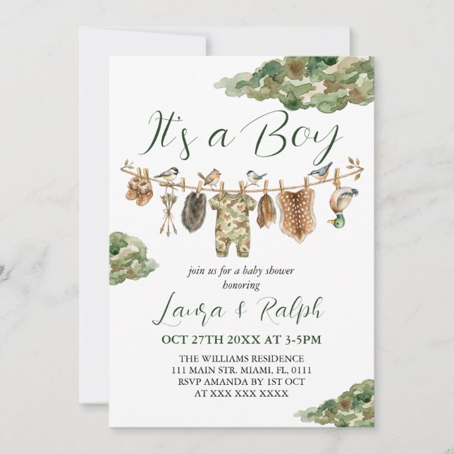 Invitation Baby-Shower Fille ou Garçon Chasse  (Devant)