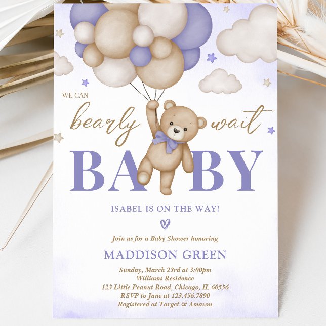 Invitation Baby Shower Fille Ours Boho Violet (Créateur téléchargé)