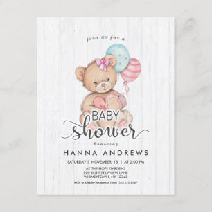 Invitation Baby shower fille ours en bois blanc