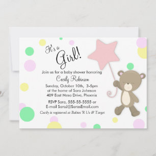 Invitation Baby shower fille ours en peluche mignonne