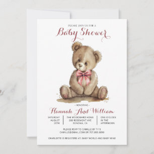 Invitation Baby shower fille ours en peluche mignonne