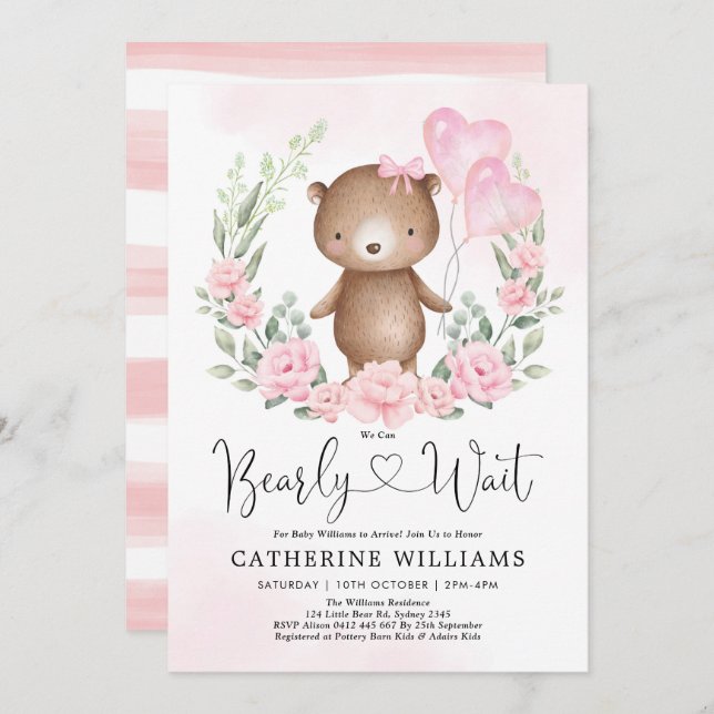 Invitation Baby shower Fille Ours En Teddy Rose Floral (Devant / Derrière)