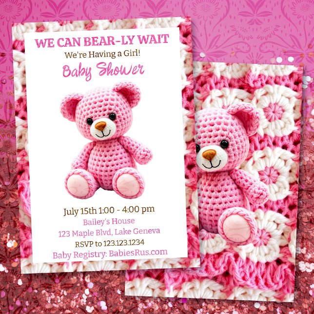 Invitation Baby Shower Fille Ourson Au Crochet Rose (Créateur téléchargé)