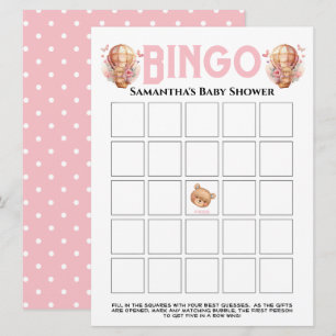 Invitation  Baby Shower Fille Ourson Ballon Rose Bingo 