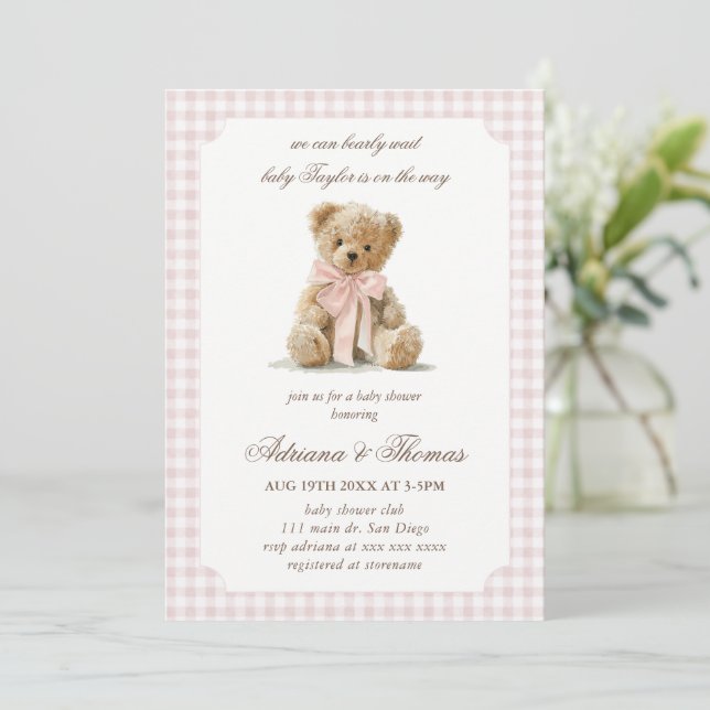Invitation Baby Shower Fille Ourson Gingham Rose (Debout devant)