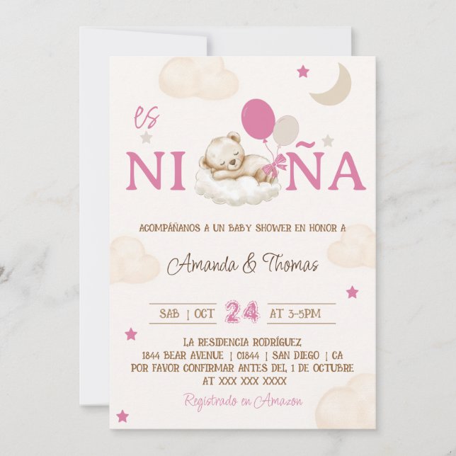 Invitation Baby Shower Fille Ourson Rose Espagnol (Devant)