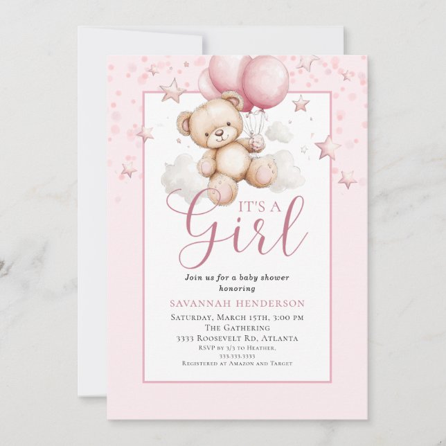 Invitation Baby Shower Fille Ourson Rose Pâle (Devant)