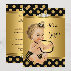 Invitation Baby Shower Fille Papier D'or Perles Noires Blonde