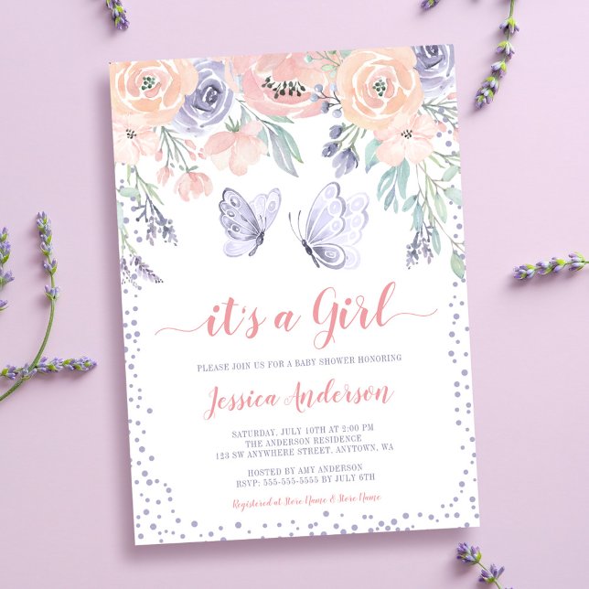 Invitation Baby Shower Fille Papillon Floral Violet Rose (Créateur téléchargé)