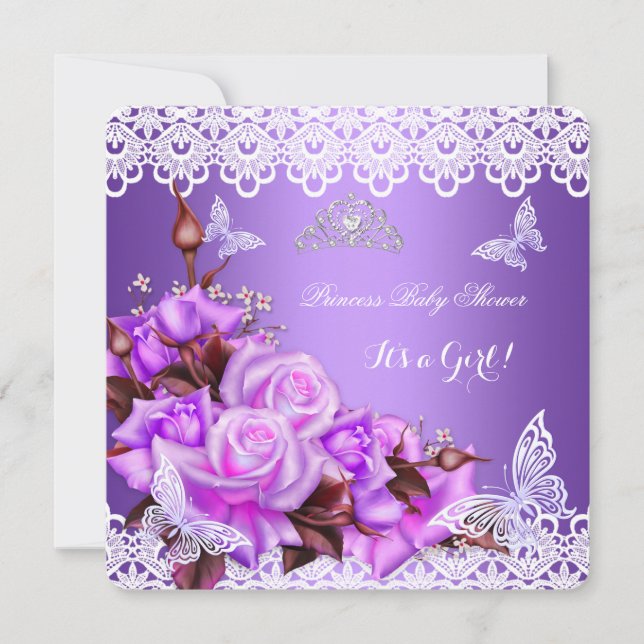 Invitation Baby shower Fille Papillon Purple Rose Lilac Roses (Devant)