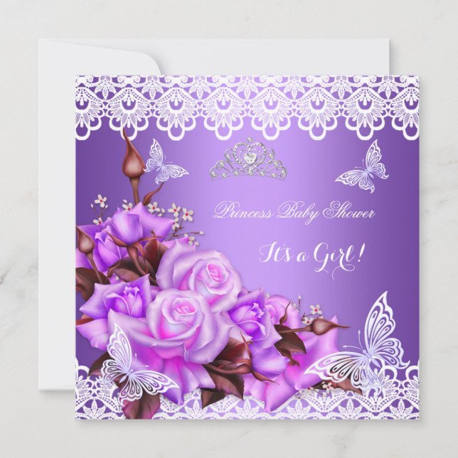 Invitation Baby shower Fille Papillon Purple Rose Lilac Roses (Devant)