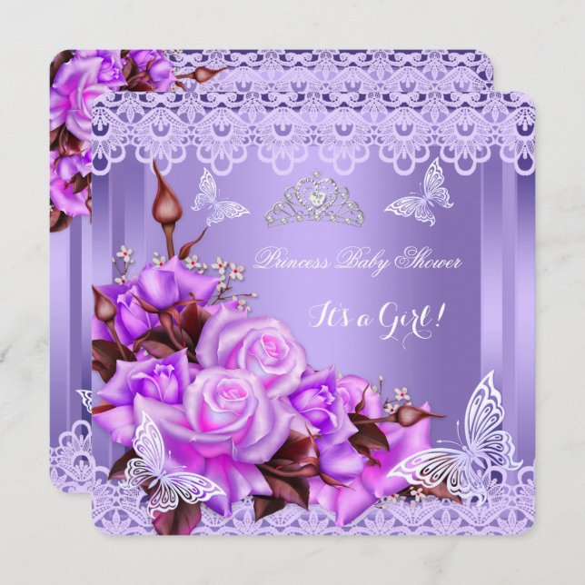 Invitation Baby shower Fille Papillon Purple Roses rose 2 (Devant / Derrière)