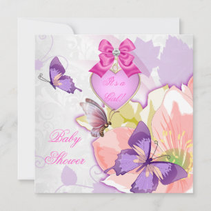 Invitation Baby Shower Fille Papillon Rose Fleurs Violettes