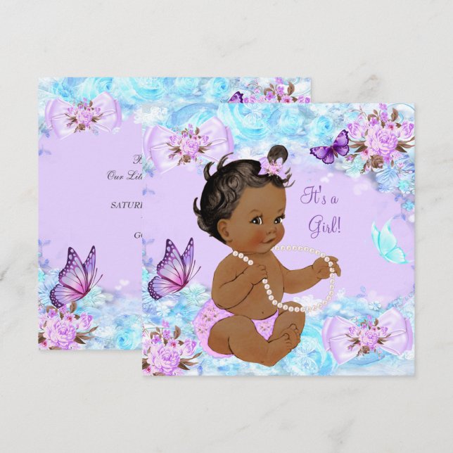 Invitation Baby Shower Fille Papillon Violet Sarcelle Ethniqu (Devant / Derrière)
