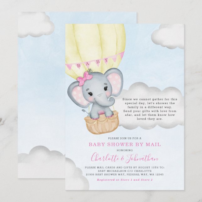 Invitation Baby shower Fille Par Mail Pink Elephant (Devant / Derrière)