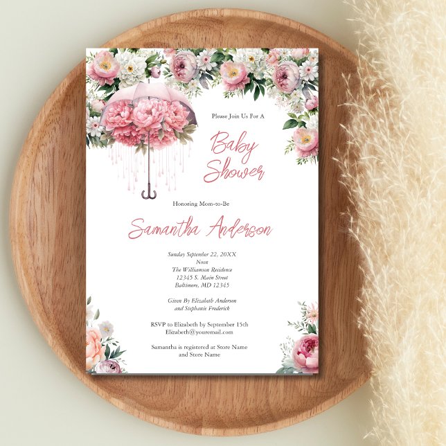 Invitation Baby shower Fille Parapluie Rose Blanc Floral (Pink White Floral Umbrella Baby Shower for Baby Girl Invitation)