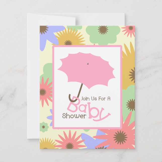 Invitation Baby shower fille - Parapluie rose et fleurs paste (Devant)