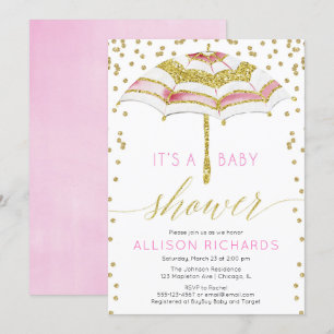 Invitation Baby shower fille parapluie rose et or