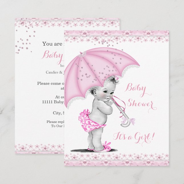 Invitation Baby Shower Fille Parapluie Rose Sprinkle (Devant / Derrière)