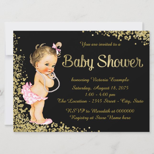 Invitation Baby shower fille Parties scintillant rose noir or (Devant)