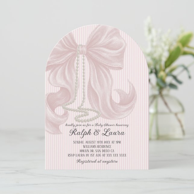 Invitation Baby shower fille perle à noeud rose (Debout devant)