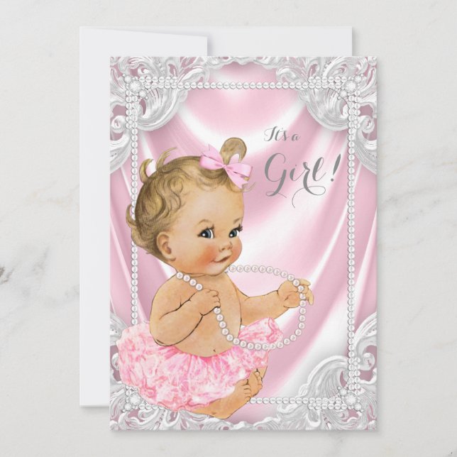 Invitation Baby Shower Fille Perle de Satin Rose (Devant)