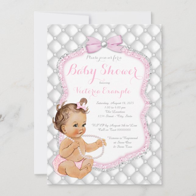 Invitation Baby Shower Fille Perle Rose (Devant)