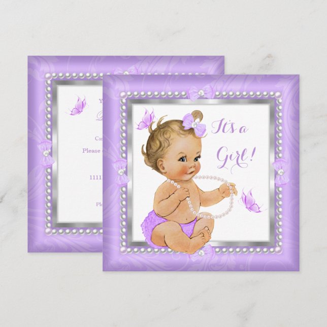 Invitation Baby Shower Fille Perle Violette Papillon Blonde (Devant / Derrière)