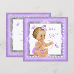 Invitation Baby Shower Fille Perle Violette Papillon Blonde