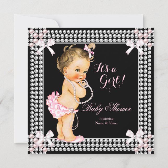 Invitation Baby shower fille perles roses Black Brunette (Devant)