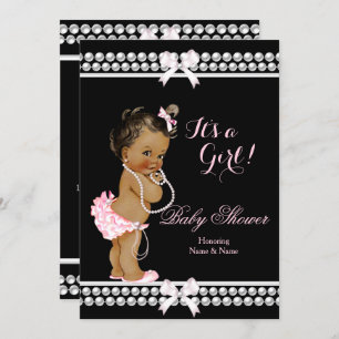 Invitation Baby shower fille perles roses Black Ethnic