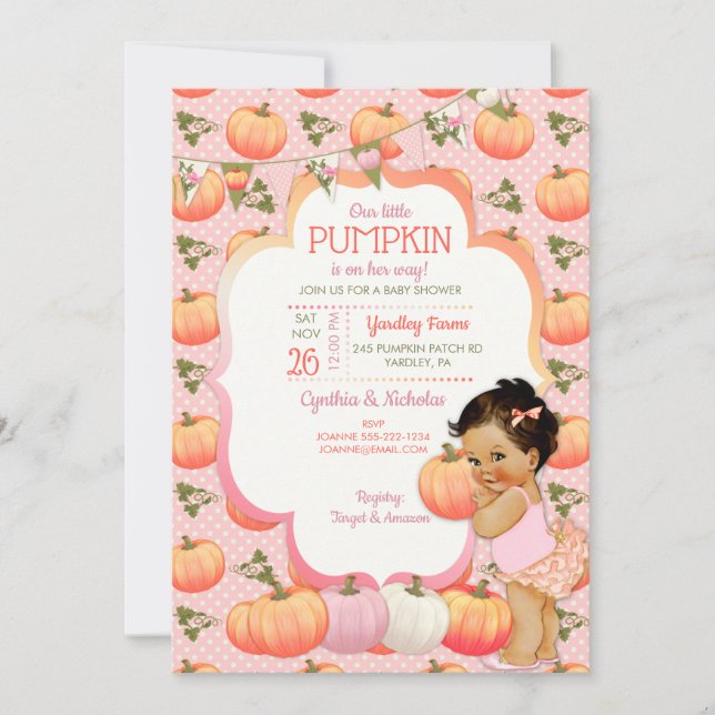 Invitation Baby Shower Fille Petite Citrouille Brunette Moyen (Devant)