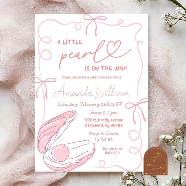 Invitation Baby Shower Fille Petite Perle Océan Ruban Rose (Créateur téléchargé)