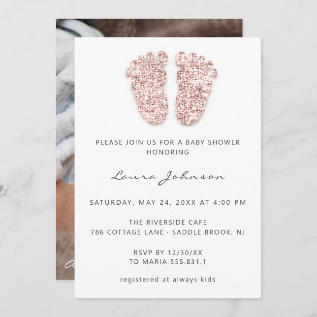 Invitation Baby shower fille pieds Parties scintillant Rose p (Devant / Derrière)