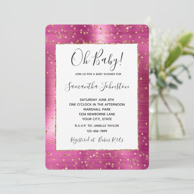 Invitation Baby shower Fille Pink Glam Gold Sparkle Confetti (Debout devant)