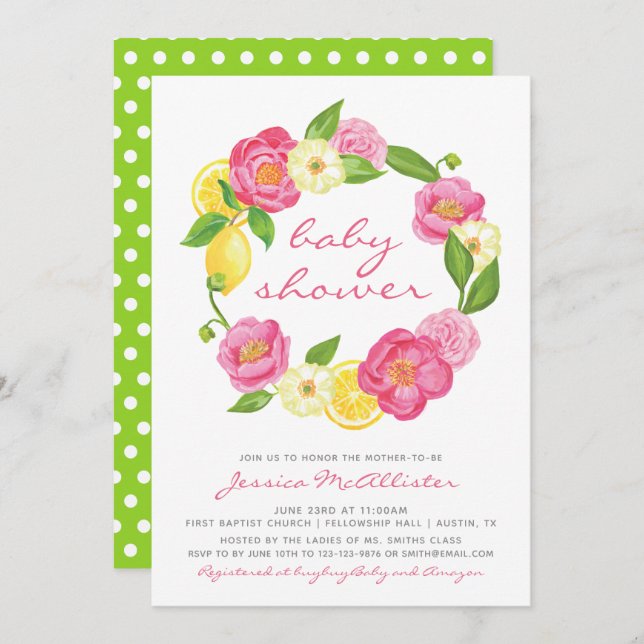 Invitation Baby shower Fille Polkadot Fille Léon Floral (Devant / Derrière)